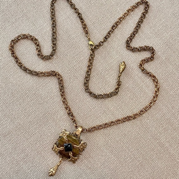 VTG Jan Michaels Tigers Eye & Black Onyx Pendant Necklace on Long Chain - Picture 5 of 10
